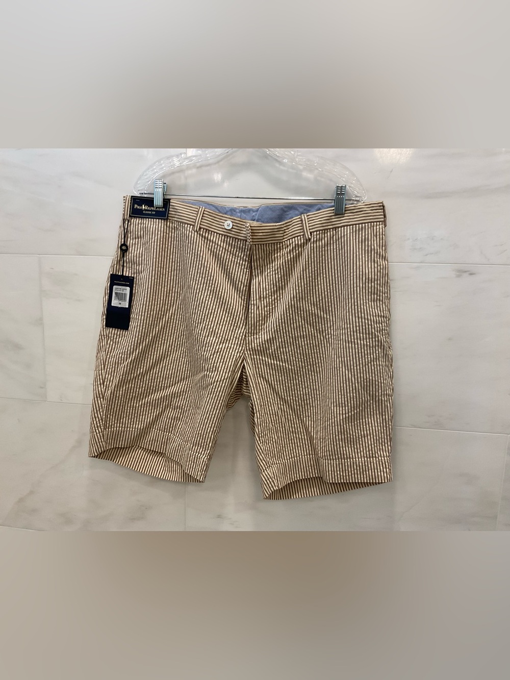 Polo Ralph Lauren Cream & Brown Stripe SEERSUCKER CLASSIC Fit Shorts sz 38 S40